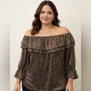 Michael Kors Leopard Print Ruffle Off The Shoulder Long Sleeve Blouse